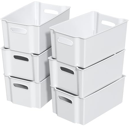 Sosody Plastic Freeze Stacking Storage Box, White Shelf Storage Basket Bin, Set of 6