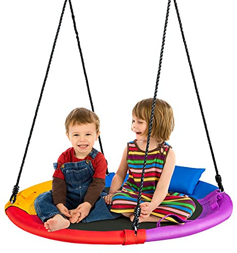 COSTWAY Altalena a Nido per Bambini, Altalena Rotonda con Corde Regolabili in Altezza, Cuscino e Maniglia, Ideale per Cortile e Giardino, Capacità di Carico 150 kg