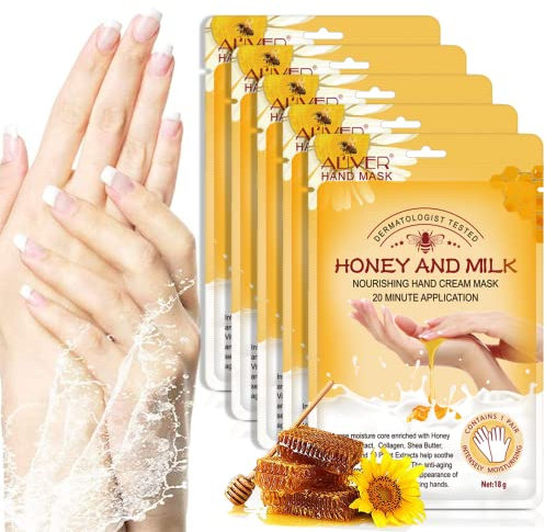 5 Paar Feuchtigkeitsspendende Peeling-Handmaske mit Honig & Milch mit Natürlichen Pflanzenextrakten, Kollagen, Aufhellung & Anti-Aging, Reparatur Rauer Haut (Honig Milch)