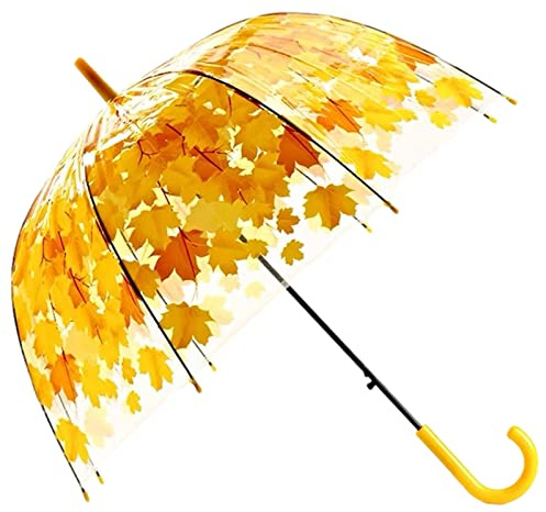 ThreeH Parapluie à Bulles à Dôme Transparent avec Feuilles de Sycomore à pôle Droit Nervures en Acier à Ouverture Automatique ne se Décolore Pas et Résiste à la Pluie pour Les Filles Jaune