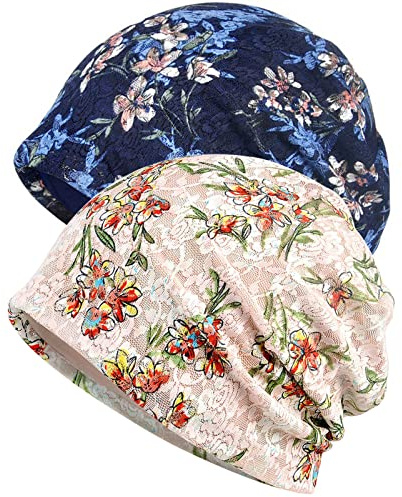 WULIQIUQIU Bonnet chimio en dentelle pour femme, turban contre le cancer, chapeau souple, D-bleu + beige, Taille unique