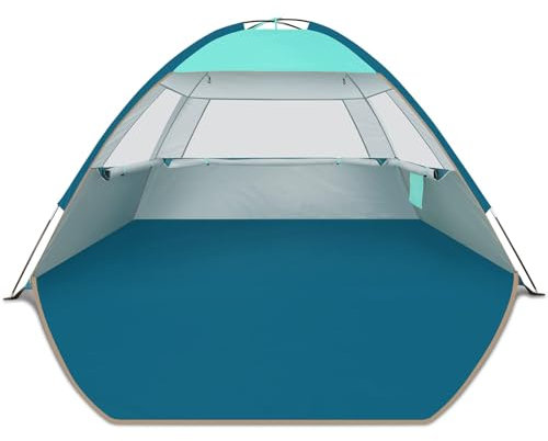 COMMOUDS Strandmuscheln für 3-4 Personen, Tragbarer Strandzelt mit UV-Schutz 50+, Familie Sonnenzelt Strand mit 3 Mesh Fenster, Schnelle Montage, Einfaches Tragen Schirm Strandmuschel für Outdoor