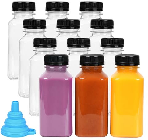 Winter Shore Petites Bouteilles Plastiques Vides 270 ml [Lot de 12] - Bouteilles Sensorielles Transparentes - Bouchon Anti-Fuite & Entonnoir - Bouteille Jus, Eau, Smoothies Idéales pour MIni Frigo