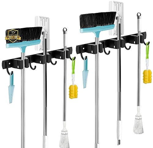 3 Holders+4 Hooks 2Pack Black Broom Holder Wall Mounted Stainless Steel | brush holders for wall: nail fitting kit and strong adhesive backing; long handles stay tidy.