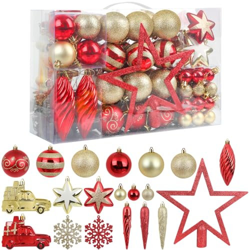 JOFONY Weihnachtsbaumkugeln,104 Stück Weihnachtskugeln Set,Christbaumkugeln Weihnachtsbaumschmuck Weihnachtskugeln Rot und Gold Baumkugeln für Indoor Outdoor Weihnachtsbaum Deko