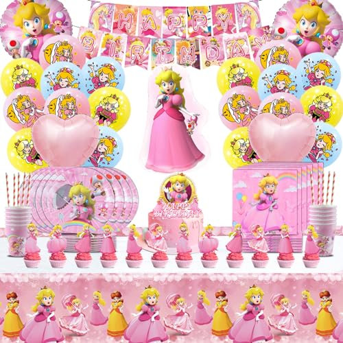 103 Pcs Prinzessin Peach Geburtstag Deko, Prinzessin Peach Helium Ballon, Prinzessin Party Deko, Princess Peach Partygeschirr, Princess Peach Pappteller, Prinzessin Peach Servietten, Tischdecke Peach