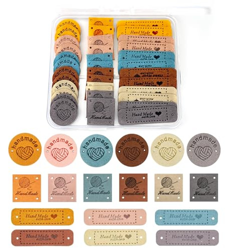 36pz Etichette in Pelle Fatte a Mano, Etichetta in Pelle Scamosciata PU, Etichetta Colorata per Cucito Lavoro a Maglia, Etichetta in Rilievo All'Uncinetto, per Regalo Nozze Decorazione Festa DIY