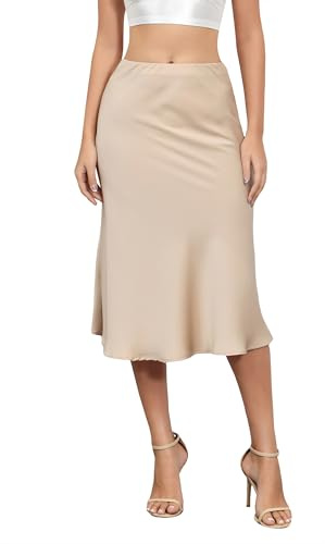 Alcea Rosea Jupe midi en Satin pour Femme, Taille élastique, décontractée, en Soie, Jupe d'affaires avec Fermeture éclair S-3XL (L, Regular, Regular, Champagne7302DE)
