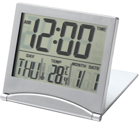 WrteEase Digital Travel LCD Alarm Clock, Small Foldable Dementia Clock with Days Dates, Time Of Day and Temperature, Desk Clock Battery Operated For Bedroom Home Kitchen Office Travel (white)