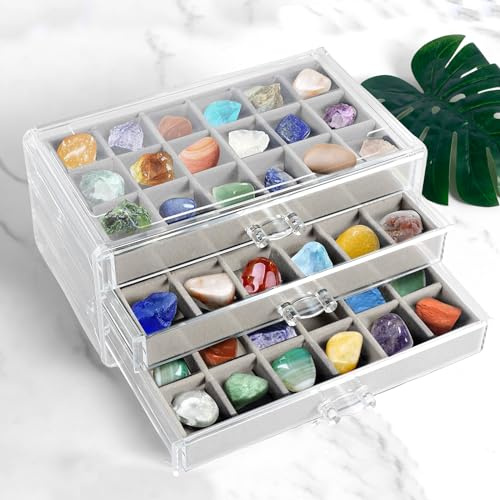 Vitrine Rock Collection à 3 tiroirs - 54 grilles - Vitrine transparente pour enfants - 23 x 15 x 12 cm (gris)