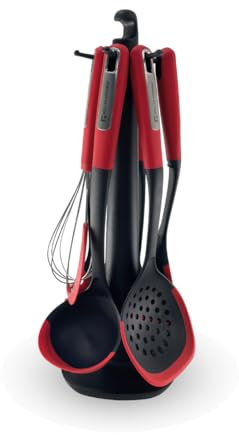 Muller Kitchen MK-1611 Juego de utensilios de cocina (7 piezas con bordes de silicona, Soporte giratorio de 360 ​​grados, Mangos ergonómicos de goma y INOX, Para utensilios de cocina antiadherentes)