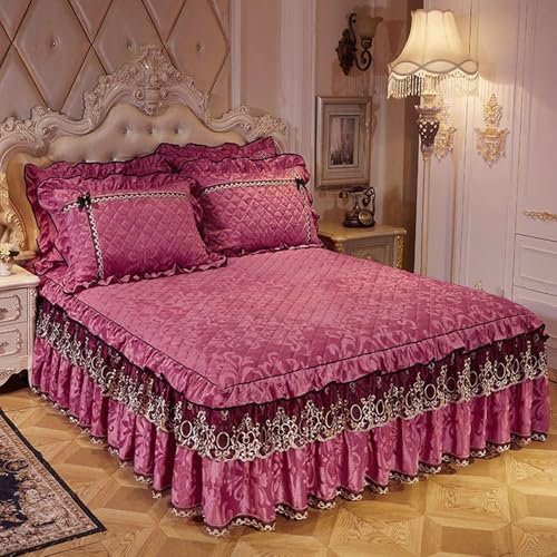 Homxi Spannbetttücher Doppelbett für Boxspringbett,200 x 220 cm,Matratzenbezug Abwaschbar Samt Blätter Muster mit Bestickter Spitze Bettlaken mit Hellrot Braun