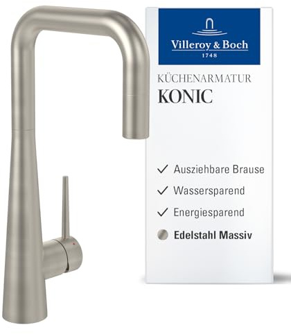 Villeroy & Boch Konic, grifo de cocina con rociador extraíble y giro de 360°, alta presión, altura del caño 143 mm, mando liso, acero inoxidable
