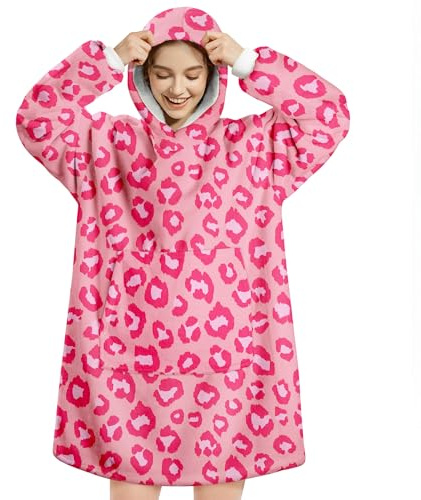 Queenshin Oversized Wearable Blanket Hoodie Pink Leopard, Warm Comfy Sherpa Fleece Blanket with Sleeves and Big Pocket, Fluffy Hoodie Sweatshirt Throw for Women Adults Men