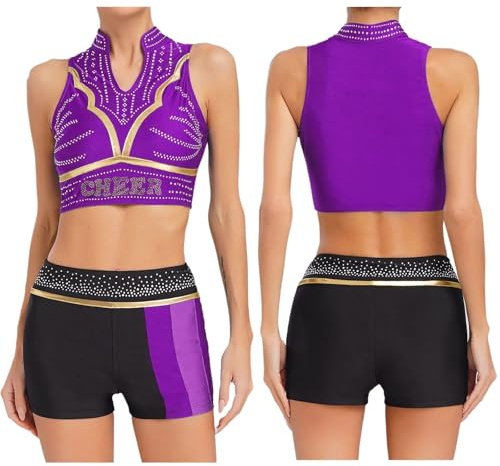 GSXLZ Cheerleader-klänning för kvinnor med glänsande strass cheerleading kostym cheerleading uniform V-ringad linne och dansshorts cheerleading set