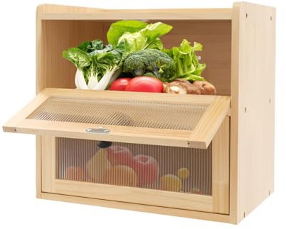 Armanyya Panera de bambú grande, 36,5 x 24 x 34 cm, 2 niveles, paneles, semitransparente, apta para alimentos, fácil de limpiar, capacidad de carga 20 kg, estructura de madera natural (madera)