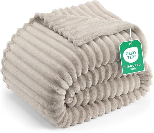 Utopia Bedding Fluffy Striped Fleece Blanket Linen Queen, 90x90 Inches