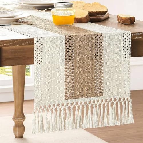 Haquno Boho Rustic Table Runner with Tassels - Handwoven Cotton-Linen Table Cloth for Dining Table,Wedding, Party & Home Decor,30*90CM Perfect for Farmhouse, Bohemian & Vintage Styles(Beige & Brown)
