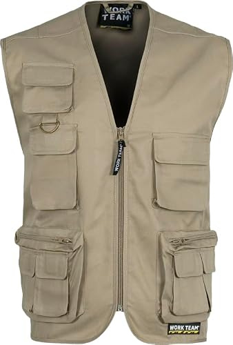 WORKTEAM Chaleco Safari Multibolsillos, Chaleco con Cremallera y Bolsillos Funcionales, Escote Pico, Unisex