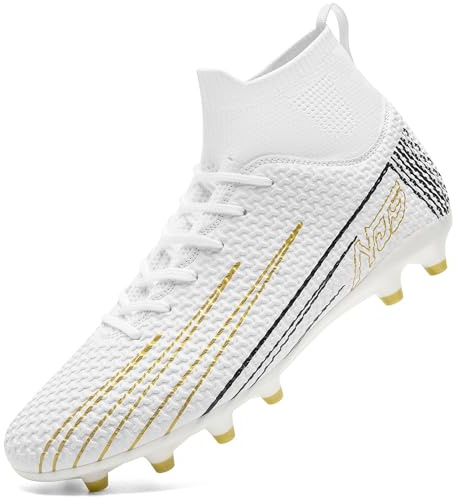 DimaiGlobal Chaussures de Football Montantes​ Crampons Homme Femme Chaussures de Futsal Adolescents Antidérapants pour l'entraînement Chaussures de Sport 44EU Blanc