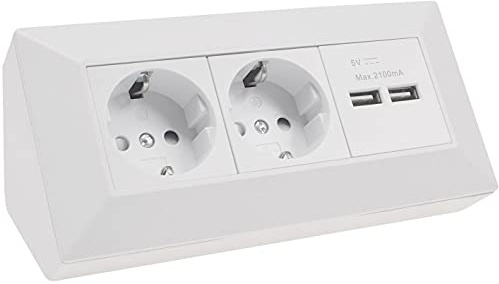 ChiliTec Grenuttag hörnuttag 2-vägs uttag 230 V 2 x USB-A 3,1 A struktur understruktur montering för kök kontor verkstad matt vit