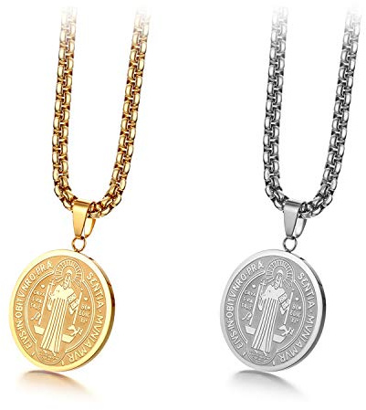 JewelryWe - Collar con colgante, medalla redonda ovalada con cruz de San Benito, cadena ajustable, joya cristiana de acero inoxidable en caja de regalo, color plateado o dorado 2 Pcs