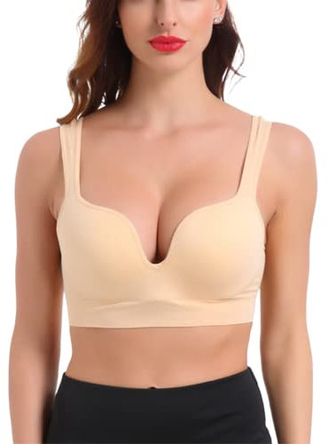URPLITY Women's Seamless Sports Bra Yoga Bra Padded Cotton High Impact Push up Support Pullover Breathable Comfy Sport Camisole U Plunge Bra, Beige, XL