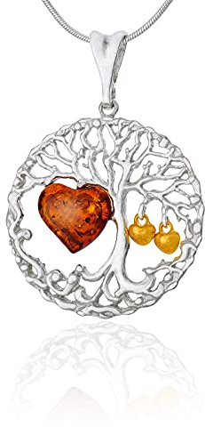 AMBEDORA Collana da donna, argento 925, argento dorato 14k, cuore in ambra baltica, ciondolo albero della vita celtico con cuore in ambra su catena a serpente, set pronto per un regalo