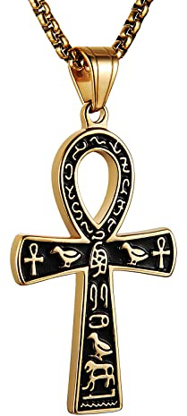 HZMAN Collana con ciondolo a forma di croce di Ankh in acciaio inox, con simbolo geroglifico dell'antico Egitto, 55,8 cm + 5,1 cm, idea regalo, 5.3 x 3.0 cm / 2.0 x 1.2 inch, Metallo, non