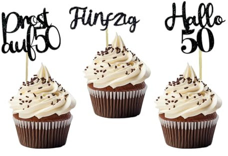 LOINFE Geburtstag Cupcake Topper, 24 Stück Cake Topper Geburtstag, Happy Birthday 50 Jahre Kuchendeko, Tortendeko für Party Dekoration Kuchen Dekorationen（Schwarz）
