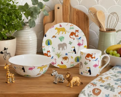 One Day at the Zoo Breakfast Set 3 Pieces Plate 6.5 16.5 cm Mug & Cereal Bowl Fine Bone China Kids Children Set Animals Collage Hand Decorated UK