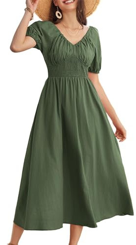 Short Sleeve Midi Summer Dresses for Ladies A-Line Puff Sleeve Smock Ruched Flowy High Waist Swing Beach Plus Size Maternity Dress XXL Army Green