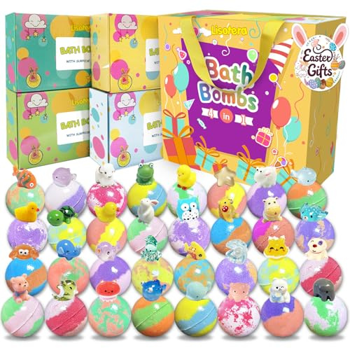 Bath Bombs for Kids with Surprise Inside, 32 Pack Kids Bath Bombs with Land & Sea Animal Toys, Girls Boys Easter Gifts, Handmade Fizzy Bubble Children Bath Ball Gift Easter Basket Stuffers, Birthday