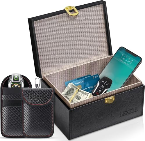 Lexell Faraday Box for Car Keys with Pouch 2 Pack - Premium Leather Car Key Signal Blocker Box and RFID Key Pouch - Anti Theft Signal Blocking Box for Car Keys - Keyless Car Key Protector Box