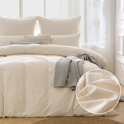 ATsense Bettwäsche 135x200 Baumwolle Gestreift - 2teilig Bettwäsche-Sets Beige, Öko-Tex Zertifiziert Hypoallergen Atmungsaktiv, 1 Bettbezug 135x200 und 1 Kissenbezüge 80x80