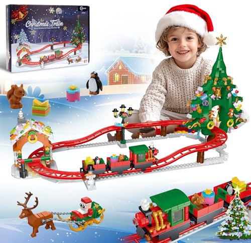 AKWME Christmas Themed Train Track Park Building Set, 926 PCS Winter Village Roller Coaster Animal Building Block Toy with Gingerbread House Christmas Tree, Birthday Xmas Gift for Girls Boys Kids 6-12