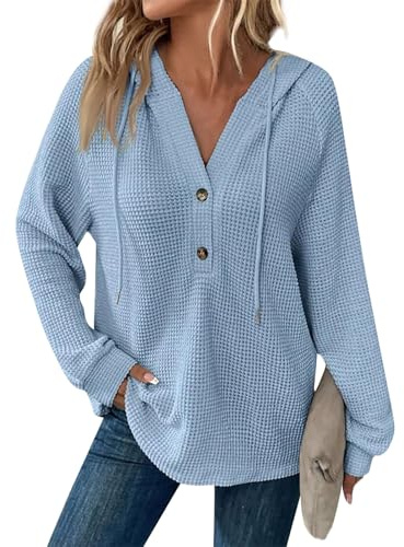 Generisch Pullover Damen Hoodie Langarm V Ausschnitt Pullover Kapuzenpullover Damen Langarm Knöpfen Pullover mit Kordelzug Freizeit V-Ausschnitt Hooded Henley Sweatshirt 2024