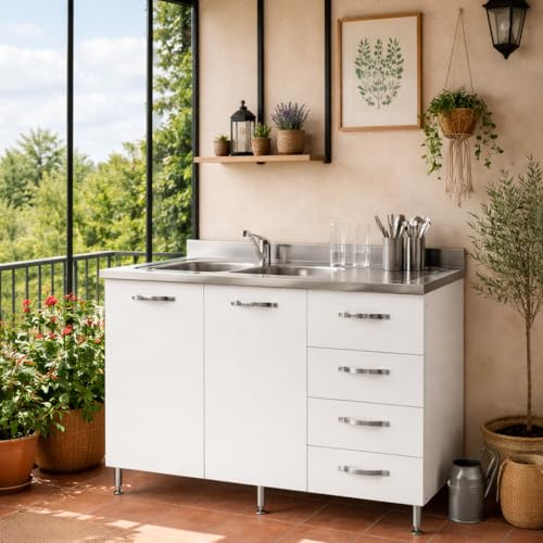 Linea Azzurra Sottolavello 120 Solo Mobile Cucina con 4 Cassetti e 2 Ante in Legno Made in Italy H85xL120xP50 cm Facile da Montare (Vasca a Sinistra, Bianco Frassinato)