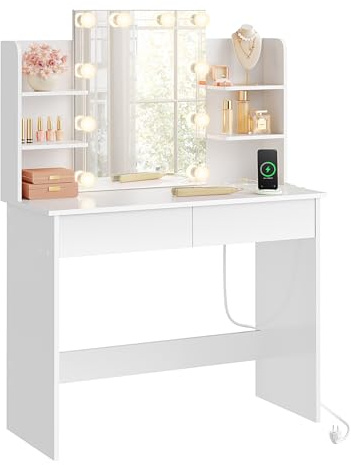 WOLTU Schminktisch mit Beleuchtung LED und Steckdosen, USB-A/USB-C, Schminktisch mit Spiegel, 2 Schubladen & 4 Ablagen, Moderner Frisiertisch für Schlafzimmer, 90x40 cm, Holz, Weiß