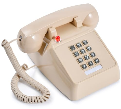 Retro Phone, Corded Old Phone, Retro Telephone with Landline, Classic Vintage Push Button Old School Phone with Redial Function for Home Office Hotel School (Button, Beige)
