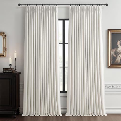 PleatedDrapes Beige White Dual Layer Blackout 102 Inch Length Curtain Panels 2 for Sliding Glass Door, Luxury Pinch Pleated Flax Linen Ceiling Track Curtain Thermal Room Darkening Ivory Window Drapes