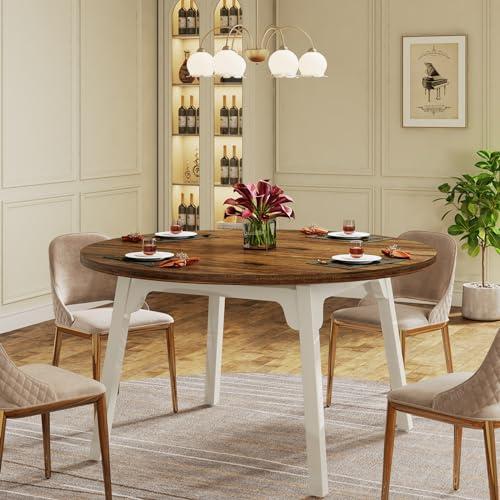 Tribesigns 120cm Runder Esstisch für 4-6 Personen - Küchentisch mit Massivholzbeinen für Wohnzimmer Küche Esszimmer, Weiß & Rustikales Braun