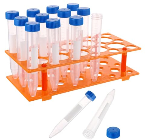 MUXHEL Lot de 100 tubes à essai en plastique de 15 ml, tube à essai en plastique, tube à essai, tube à essai avec bouchon à vis, tubes à réaction en plastique, avec autocollant et support de tube à