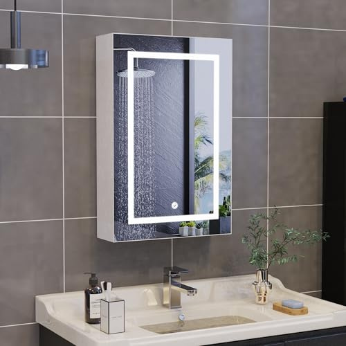 Armoire de salle de bain avec miroir et éclairage LED, Armoire toilette miroir 50x15x70cm avec Espace de Rangement, anti-buée, pour la salle de bain, la cuisine, ou même le salon (Porte simple)