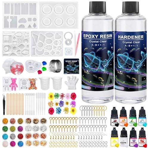 Resina Epossidica Trasparente 600ml,Kit Resina Epossidica Completo,Compreso Stampi per Resinas Epossidicas,Pigmenti Coloranti, Starter Kit per Creare dei Portachiavi,per la Creazione di Gioielli