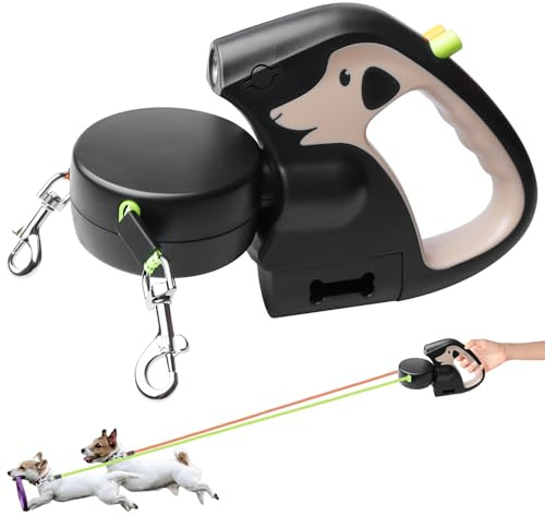 Dubbla infällbara hundkoppel, rullkoppel med LED-ljus, utdragbart dubbelt hundkoppel för 2 hundar, 3M hundkoppel flexibel, halkfritt handtag snabbbromsknapp för små och medelstora hundar (brun)