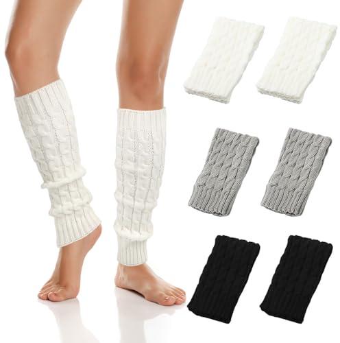 OFHADF 2/3 Pairs Leg Warmers for Women Girls Winter Knitted Leg Warmers Ladies, Fashion Warm Long Boot Socks for 80s Party (Black+White+Light Grey, One Size)