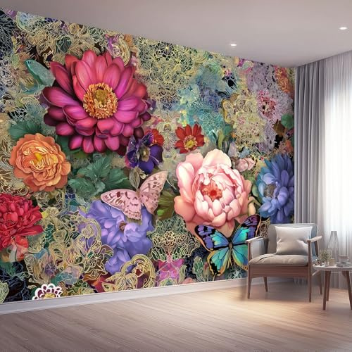 Vistoso Papel Tapiz Fotográfico 350 x 256 cm, Papel tapiz de pared no tejido Retro Arte barroco Plantas Peonías Flores Decoración del hogar fondo Murales para sala de estar dormitorio oficina
