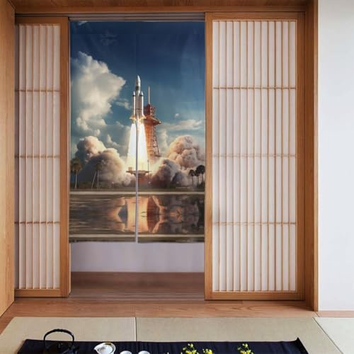 WHJSSF Kennedy Space Center Lot de 2 rideaux en tissu avec motif lancement de fusée 86,4 x 142,2 cm, lisses et ne se froissent pas facilement, rideaux en tissu, séparateurs de pièce
