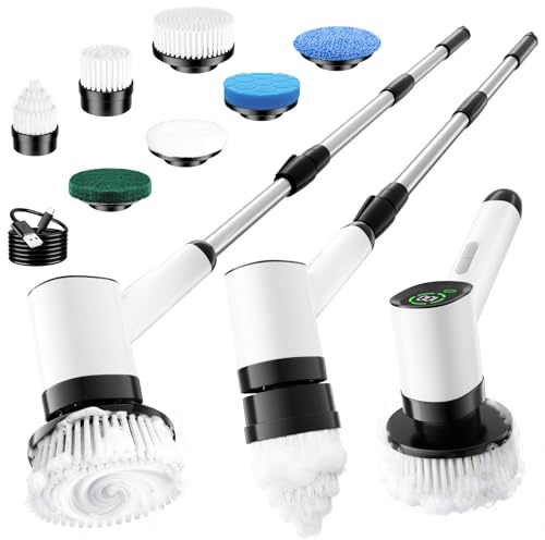 Electric Spin Scrubber, Rechargeable with Upgraded Battery & Extended Runtime, IPX7 Waterproof Power Cleaner, 7 Brush Heads & 2-Speed Adjustable Long Handle for Bathroom (Frost White Pro Edition)
